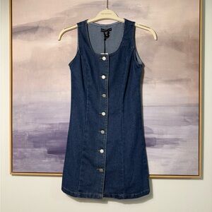 Dark Blue Denim Button-Front Sleeveless Dress